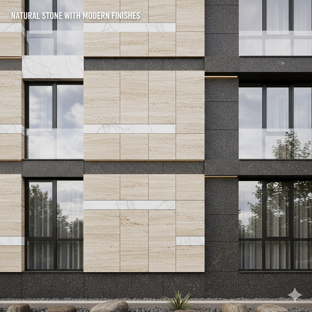 طراحی نمای مدرن ساختمان با سنگ‌های طبیعی با پرداخت مدرن - اصول سادگی و خلوص فرم در معماری